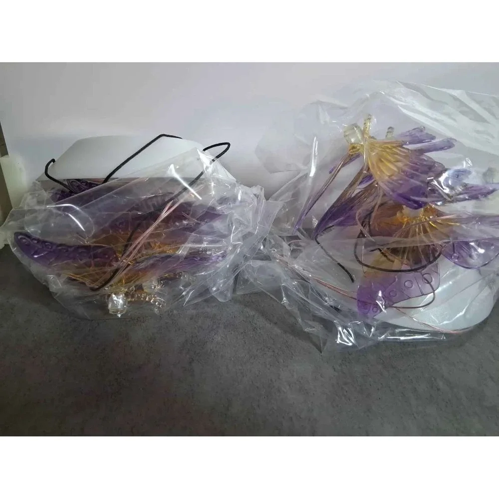 Solar Powered Butterfly String Lights Purple Amber Outdoor Garden Decor 2 Pack